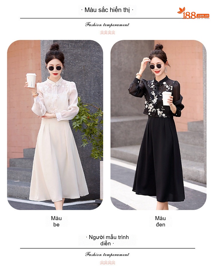Set Bộ Áo và Chân Váy Nữ Cổ Điển Thiết Kế Khuy Gài Phong Cách Retro Màu Đen, Trắng chi tiết 10