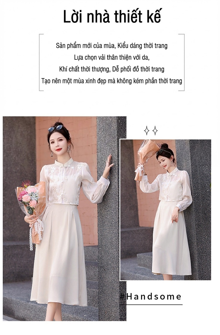 Set Bộ Áo và Chân Váy Nữ Cổ Điển Thiết Kế Khuy Gài Phong Cách Retro Màu Đen, Trắng chi tiết 2