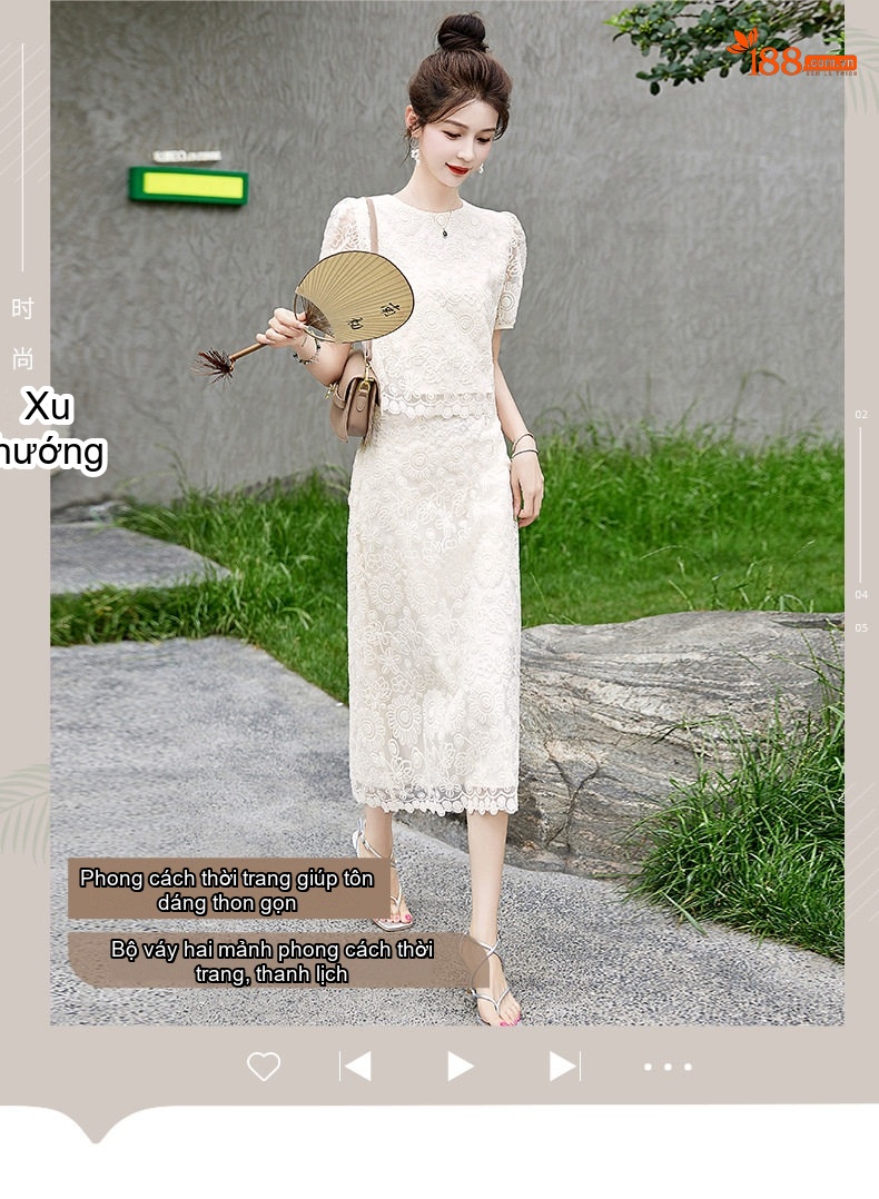 Set Bộ Áo và Chân Váy Ren Tiểu Thư Tay Ngắn Phong Cách Hong Kong chi tiết 1