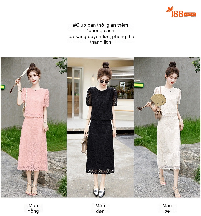 Set Bộ Áo và Chân Váy Ren Tiểu Thư Tay Ngắn Phong Cách Hong Kong chi tiết 3