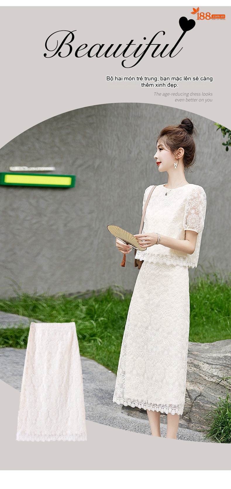 Set Bộ Áo và Chân Váy Ren Tiểu Thư Tay Ngắn Phong Cách Hong Kong chi tiết 5