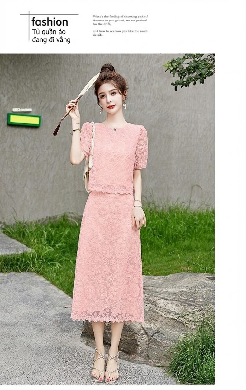 Set Bộ Áo và Chân Váy Ren Tiểu Thư Tay Ngắn Phong Cách Hong Kong chi tiết 17