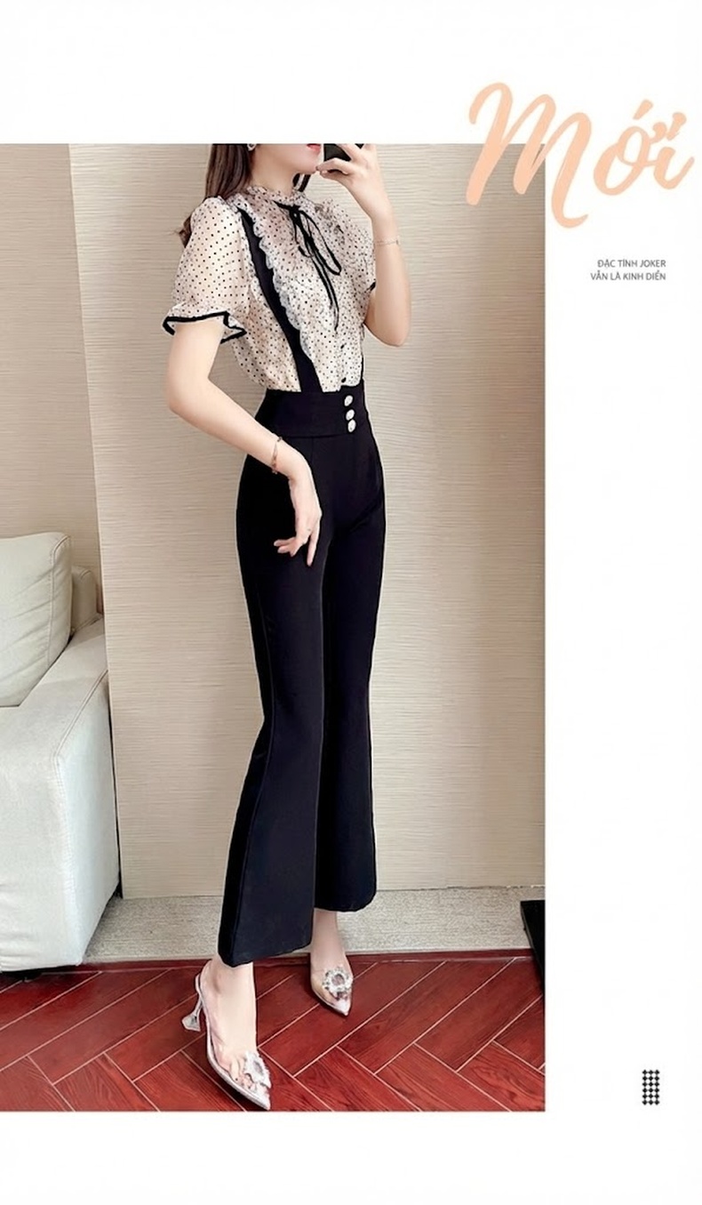 Set Bộ Công Sở Nữ Áo Voan Tay Ngắn Quần Ống Loe Yếm Phong Cách Thanh Lịch Màu Be, Đen chi tiết 10
