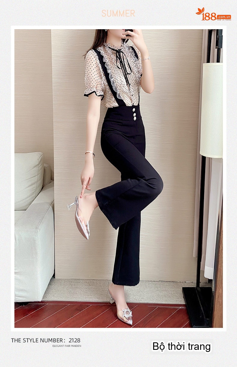 Set Bộ Công Sở Nữ Áo Voan Tay Ngắn Quần Ống Loe Yếm Phong Cách Thanh Lịch Màu Be, Đen chi tiết 1