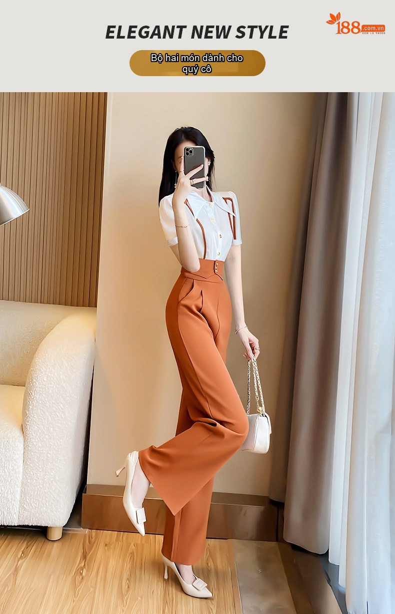 Set Bộ Công Sở Nữ Quần Ống Rộng Áo Sơ Mi Tay Ngắn Phong Cách Thời Trang Màu Đen, Nâu chi tiết 1