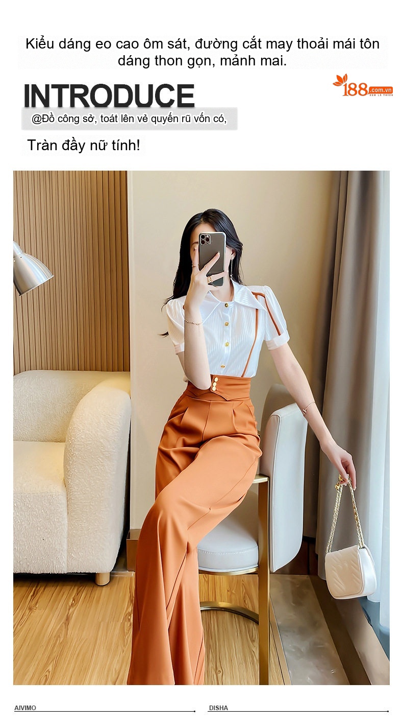 Set Bộ Công Sở Nữ Quần Ống Rộng Áo Sơ Mi Tay Ngắn Phong Cách Thời Trang Màu Đen, Nâu chi tiết 3