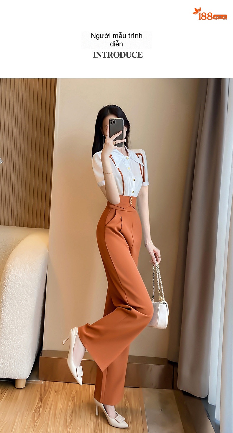 Set Bộ Công Sở Nữ Quần Ống Rộng Áo Sơ Mi Tay Ngắn Phong Cách Thời Trang Màu Đen, Nâu chi tiết 7