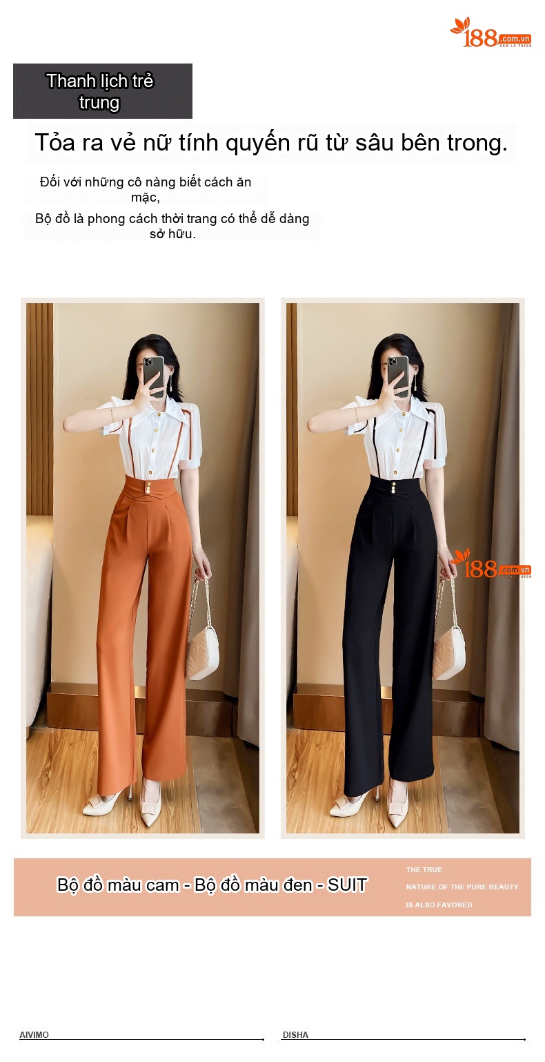 Set Bộ Công Sở Nữ Quần Ống Rộng Áo Sơ Mi Tay Ngắn Phong Cách Thời Trang Màu Đen, Nâu chi tiết 2