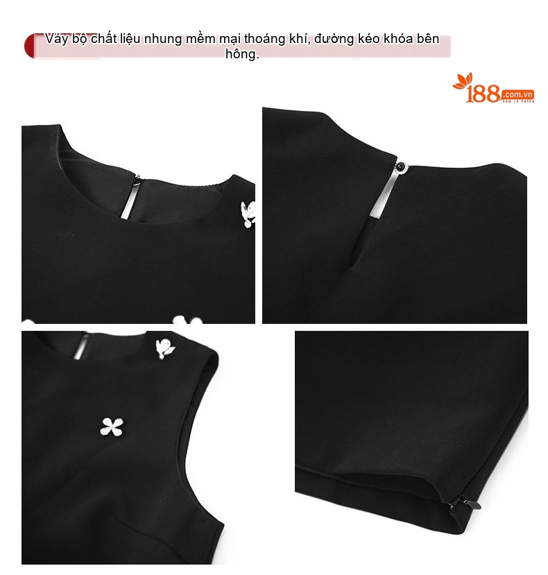 Set Bộ Nữ Áo Croptop Tay Lửng Chân Váy Ngắn Ôm Hông Đính Đá Phong Cách Tiểu Thư Màu Đen chi tiết 4