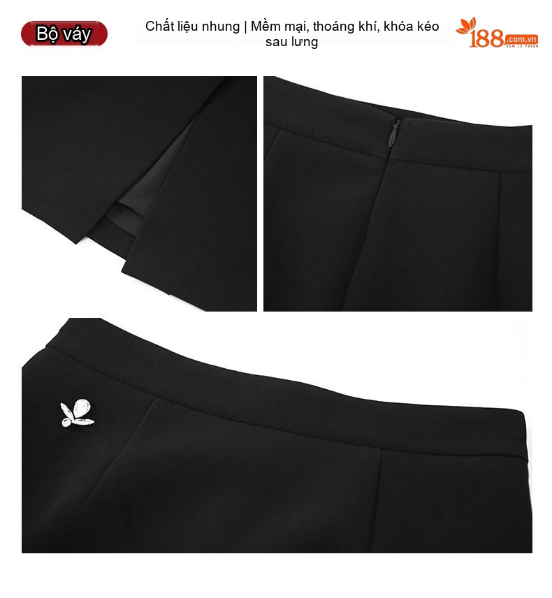 Set Bộ Nữ Áo Croptop Tay Lửng Chân Váy Ngắn Ôm Hông Đính Đá Phong Cách Tiểu Thư Màu Đen chi tiết 5