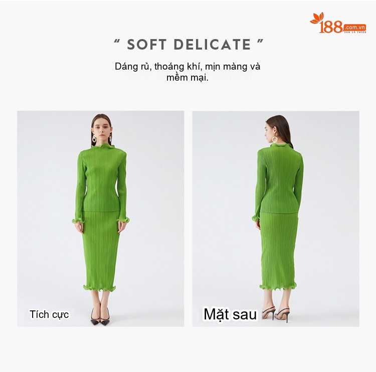 Set Bộ Nữ Áo Dài Tay Chân Váy Chữ A Thanh Lịch Màu Xanh Lá, Đen chi tiết 2