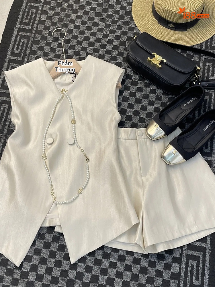 Set Bộ Nữ Áo Gile Quần Short Phong Cách Tiểu Thư Thanh Lịch Màu Trắng, Đen, Vàng Be