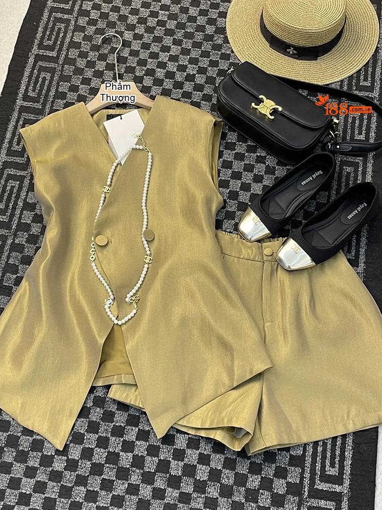 Set Bộ Nữ Áo Gile Quần Short Phong Cách Tiểu Thư Thanh Lịch Màu Trắng, Đen, Vàng Be