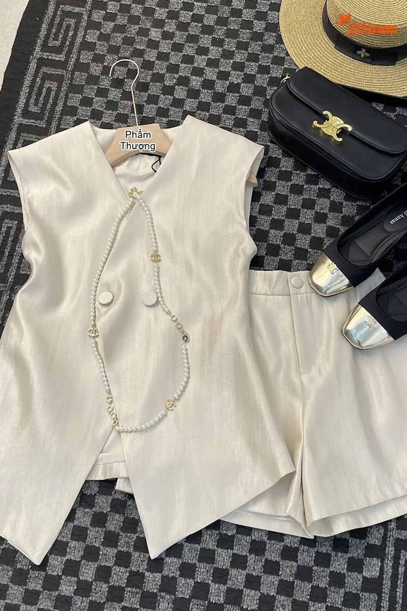 Set Bộ Nữ Áo Gile Quần Short Phong Cách Tiểu Thư Thanh Lịch Màu Trắng, Đen, Vàng Be chi tiết 1