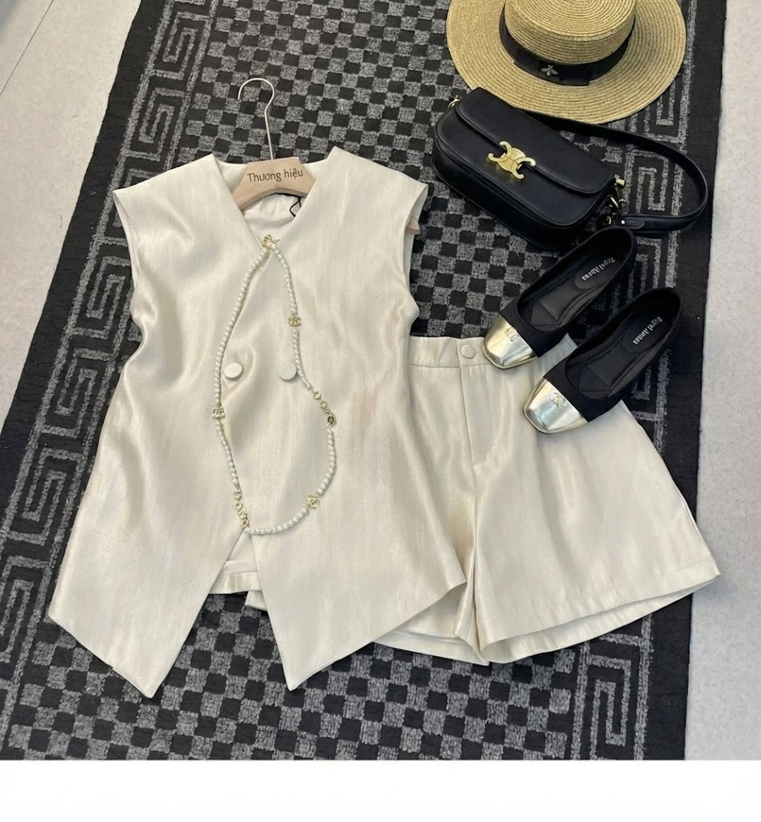 Set Bộ Nữ Áo Gile Quần Short Phong Cách Tiểu Thư Thanh Lịch Màu Trắng, Đen, Vàng Be chi tiết 4