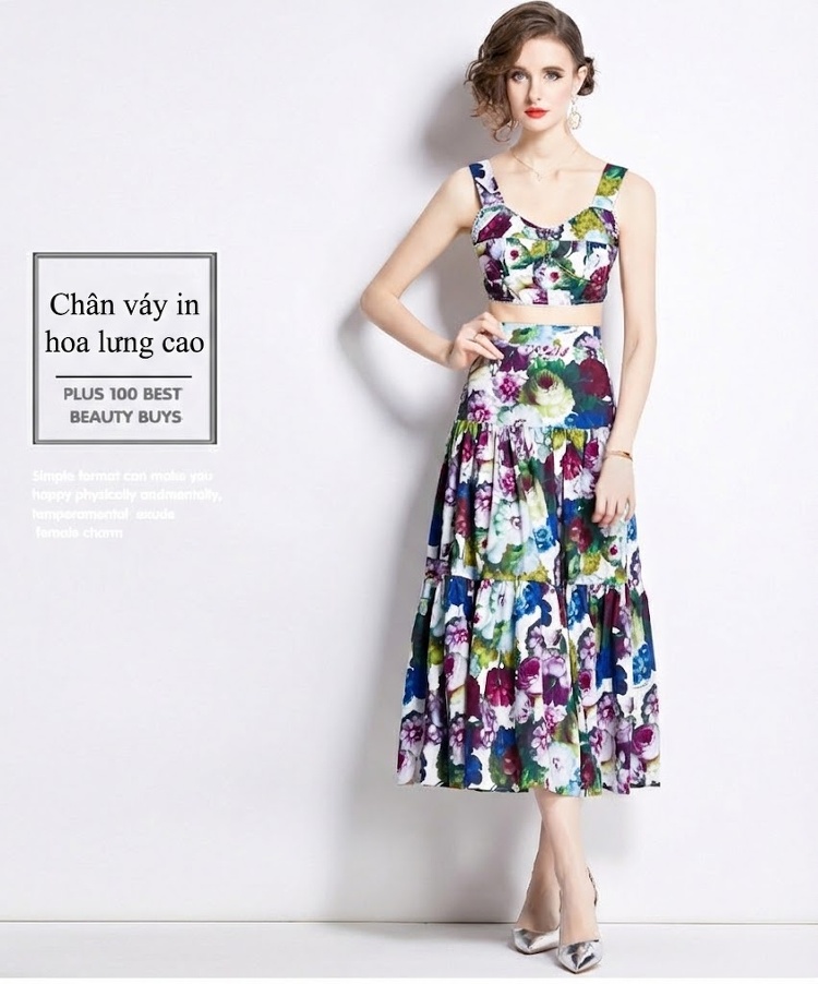 Set Bộ Nữ Áo Hai Dây Hở Lưng Chân Váy Dài Xòe Họa Tiết Hoa chi tiết 1