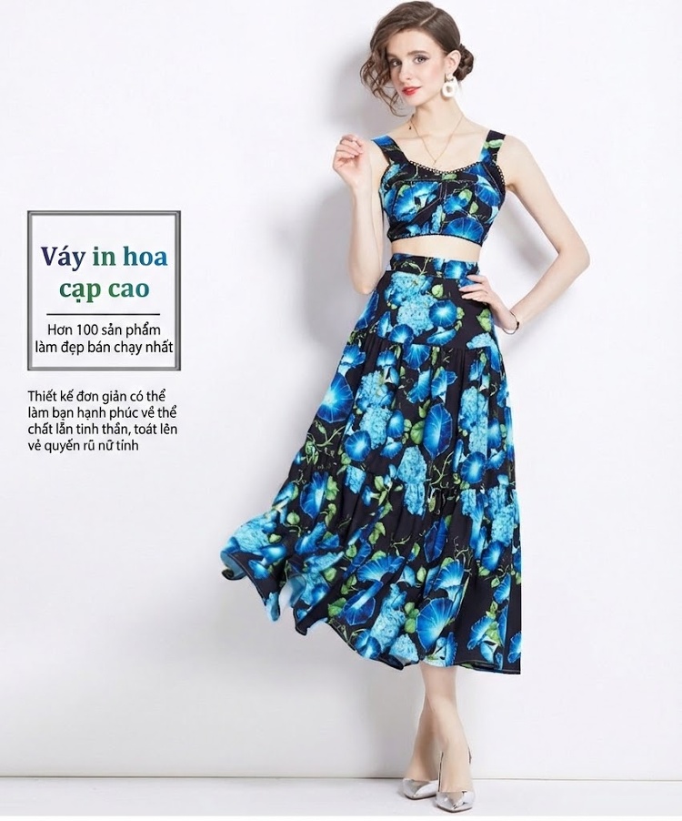 Set Bộ Nữ Áo Hai Dây Yếm Ngực Chân Váy Dài Xòe Eo Cao Họa Tiết Hoa chi tiết 1