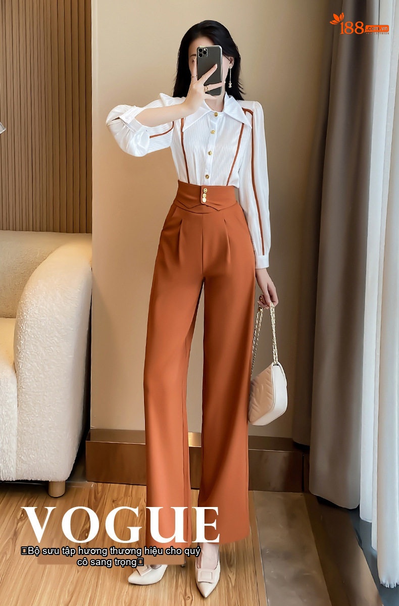 Set Bộ Nữ Áo Sơ Mi Tay Dài Quần Ống Rộng Phong Cách Thanh Lịch Màu Trắng, Nâu, Đen chi tiết 1