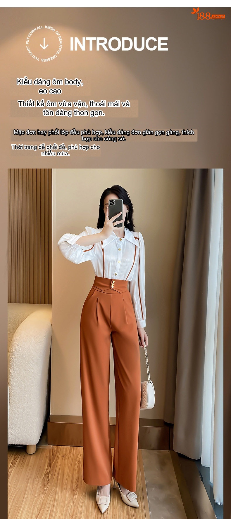 Set Bộ Nữ Áo Sơ Mi Tay Dài Quần Ống Rộng Phong Cách Thanh Lịch Màu Trắng, Nâu, Đen chi tiết 2