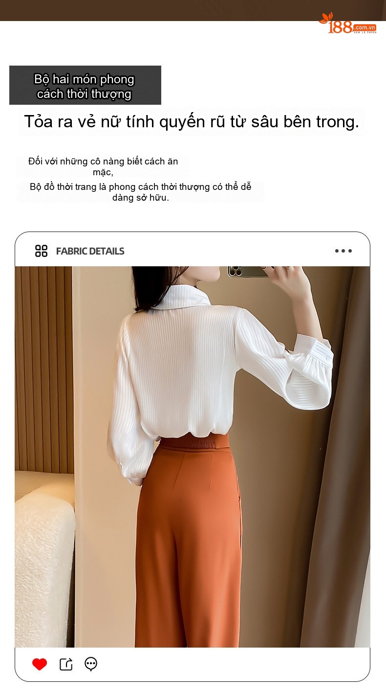 Set Bộ Nữ Áo Sơ Mi Tay Dài Quần Ống Rộng Phong Cách Thanh Lịch Màu Trắng, Nâu, Đen chi tiết 3