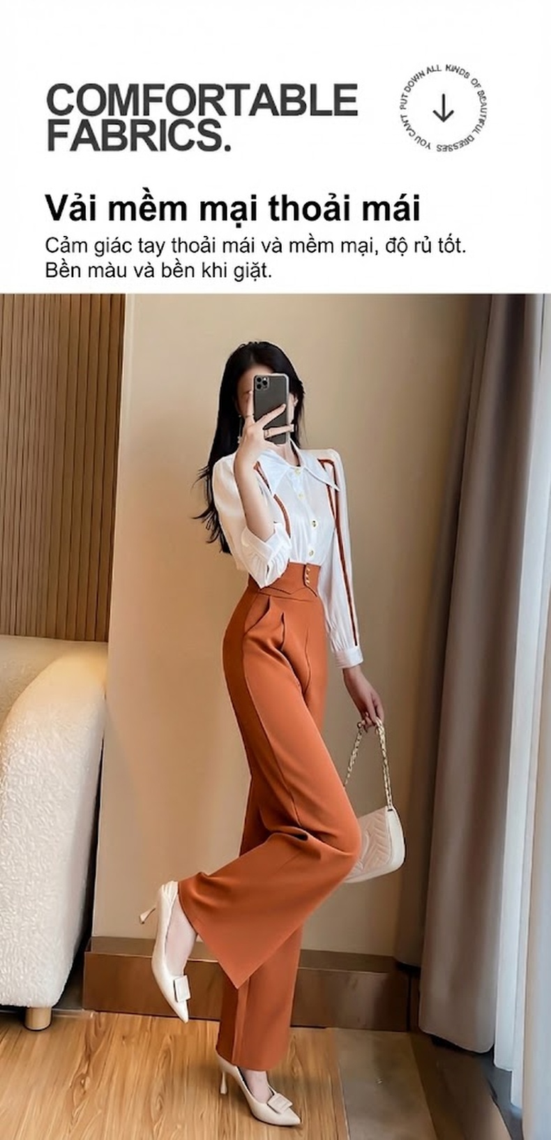 Set Bộ Nữ Áo Sơ Mi Tay Dài Quần Ống Rộng Phong Cách Thanh Lịch Màu Trắng, Nâu, Đen chi tiết 4