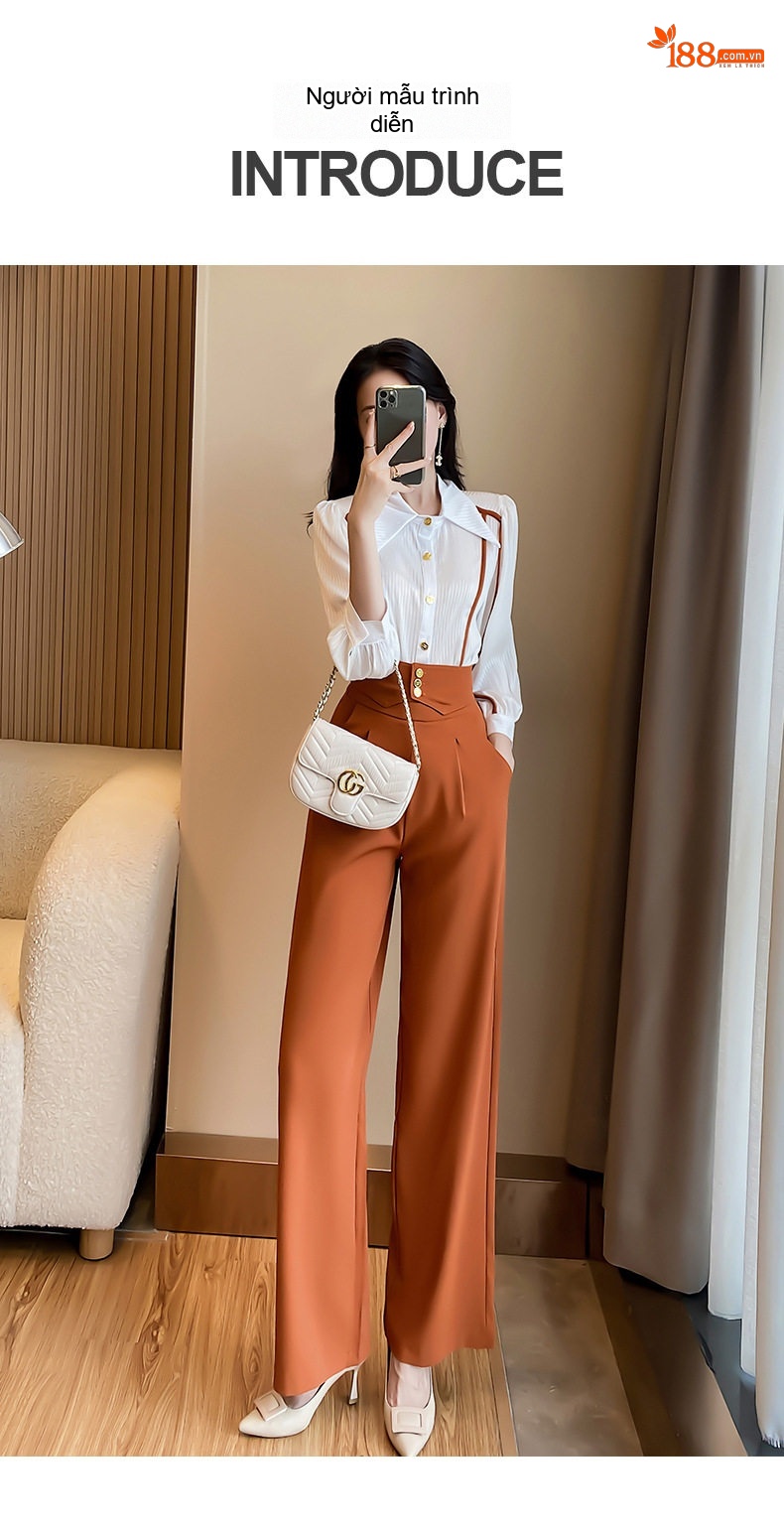 Set Bộ Nữ Áo Sơ Mi Tay Dài Quần Ống Rộng Phong Cách Thanh Lịch Màu Trắng, Nâu, Đen chi tiết 7