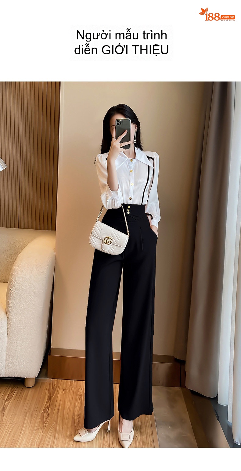 Set Bộ Nữ Áo Sơ Mi Tay Dài Quần Ống Rộng Phong Cách Thanh Lịch Màu Trắng, Nâu, Đen chi tiết 13