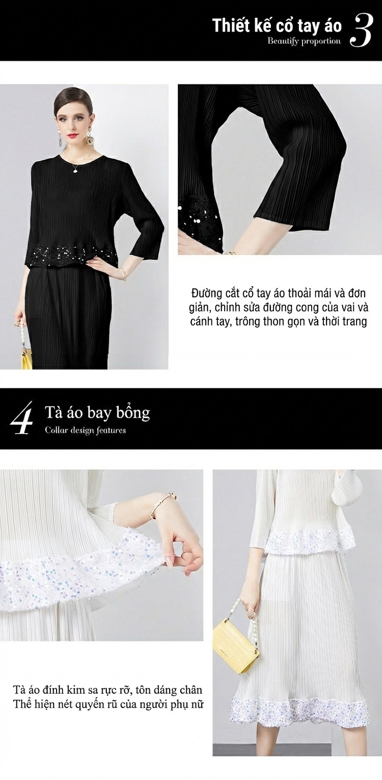 Set Bộ Nữ Áo Tay Lỡ Cổ Tròn Quần Dài Lưng Thun Thiết Kế Xếp Ly Màu Trắng, Đen chi tiết 7