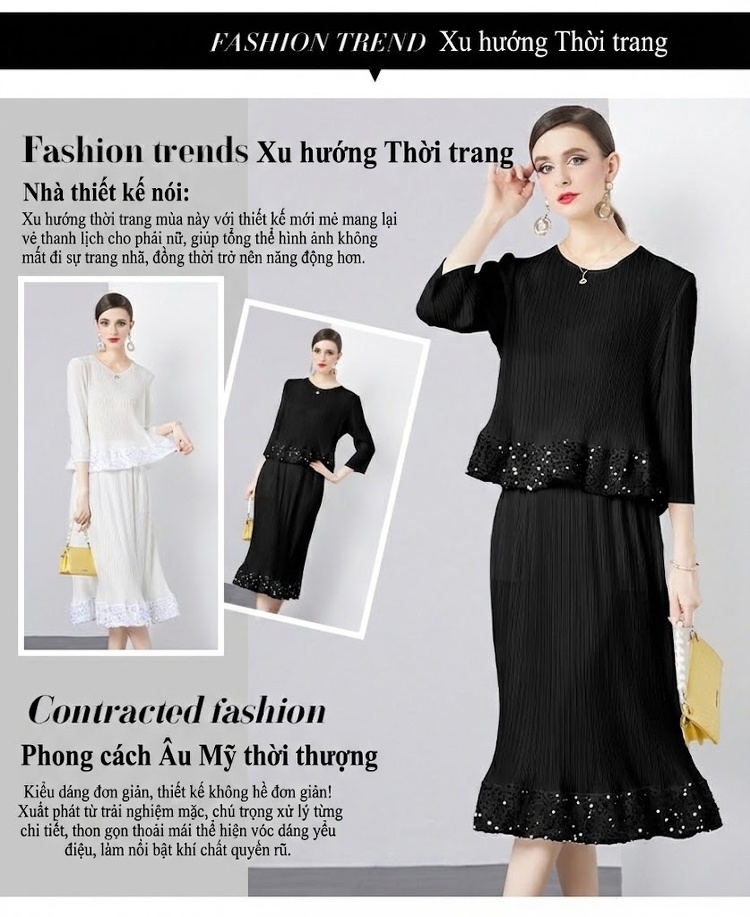 Set Bộ Nữ Áo Tay Lỡ Cổ Tròn Quần Dài Lưng Thun Thiết Kế Xếp Ly Màu Trắng, Đen chi tiết 4