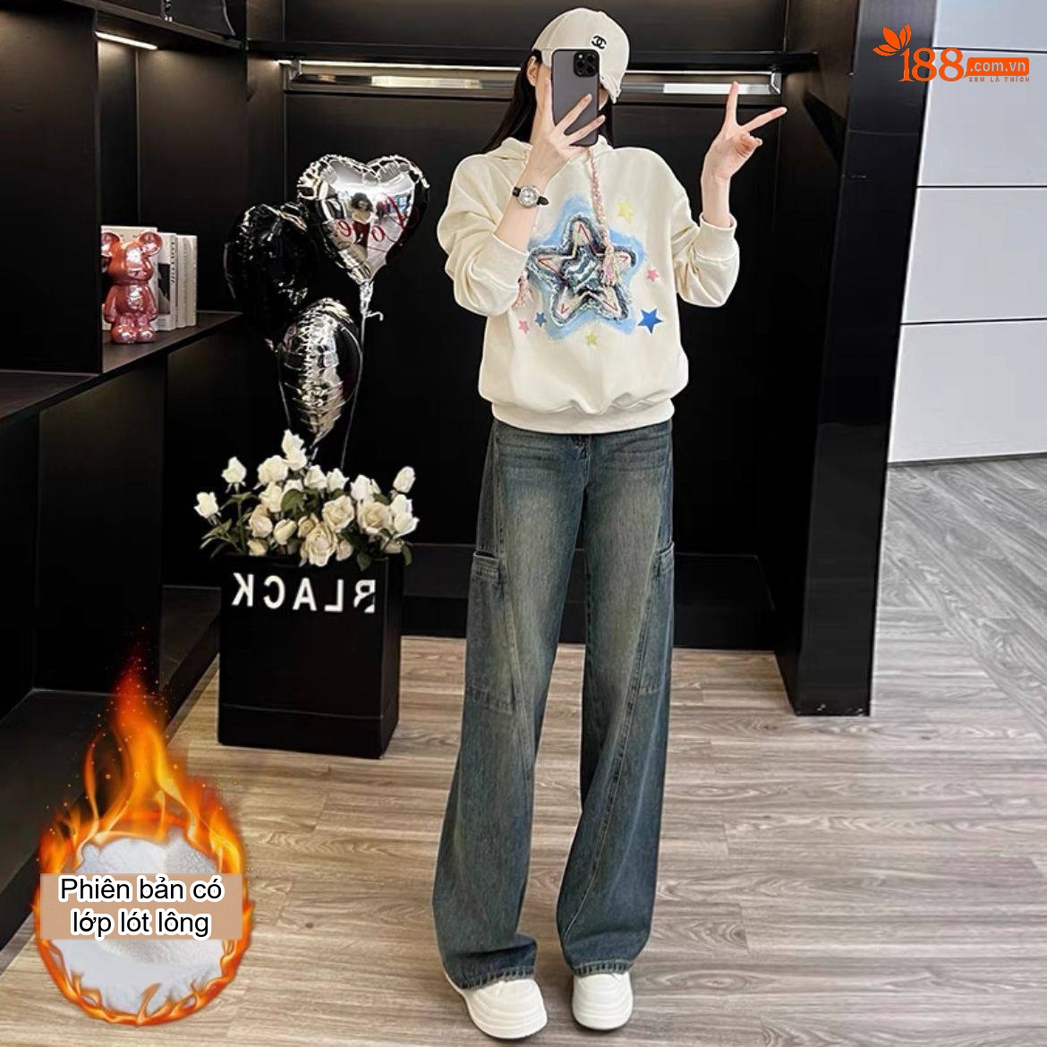 Set Bộ Nữ Thu Đông Áo Hoodie Dáng Rộng Quần Jean Ống Rộng Lót Lông Màu Trắng Kem, Xanh Denim