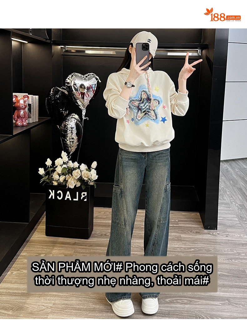 Set Bộ Nữ Thu Đông Áo Hoodie Dáng Rộng Quần Jean Ống Rộng Lót Lông Màu Trắng Kem, Xanh Denim chi tiết 1