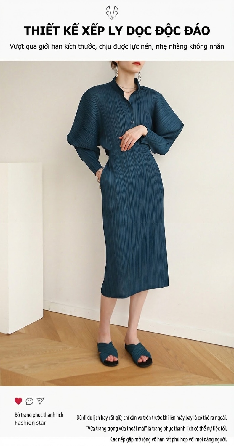 Set Bộ Quần Áo Dài Tay Nữ Pleats Thiết Kế Cao Cấp Màu Hồng, Xanh Dương, Nâu, Xanh Lá chi tiết 1