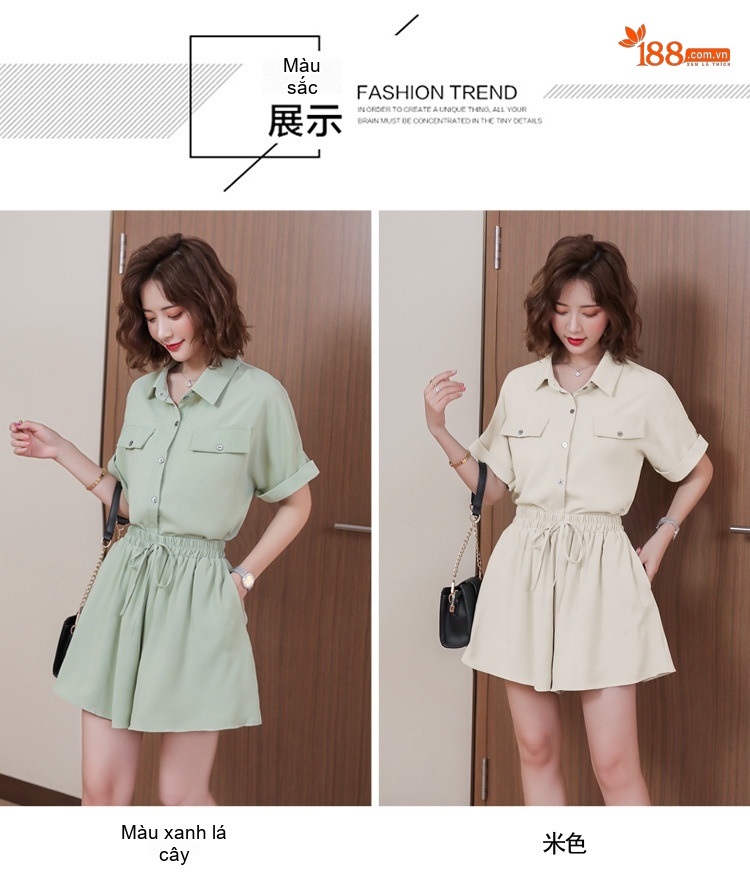Set Bộ Quần Áo Nữ Áo Sơ Mi Tay Ngắn Quần Short Cạp Chun Thời Trang Hàn Quốc Màu Hồng, Xanh Lá, Kem, Đen chi tiết 11