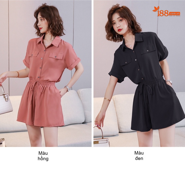 Set Bộ Quần Áo Nữ Áo Sơ Mi Tay Ngắn Quần Short Cạp Chun Thời Trang Hàn Quốc Màu Hồng, Xanh Lá, Kem, Đen chi tiết 12