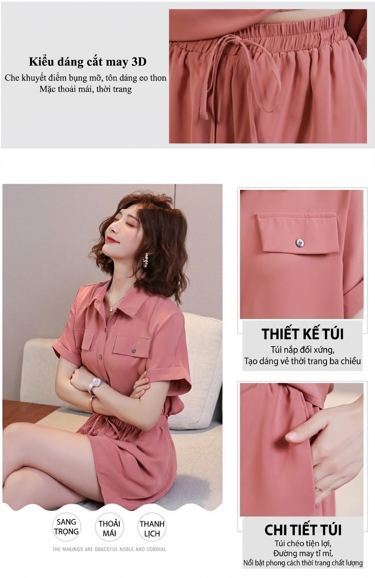 Set Bộ Quần Áo Nữ Áo Sơ Mi Tay Ngắn Quần Short Cạp Chun Thời Trang Hàn Quốc Màu Hồng, Xanh Lá, Kem, Đen chi tiết 7