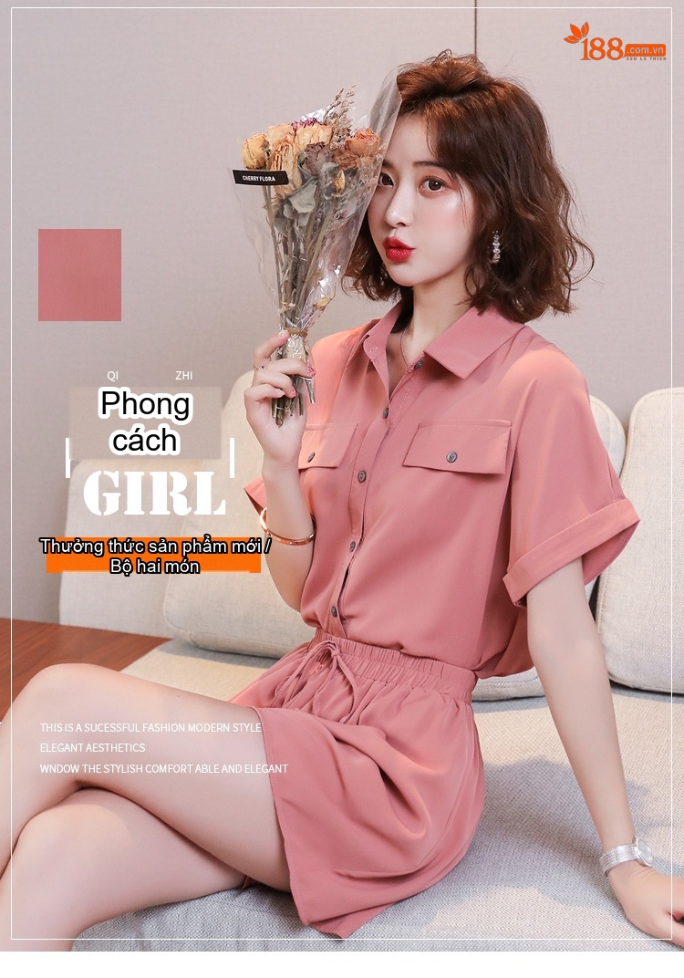 Set Bộ Quần Áo Nữ Áo Sơ Mi Tay Ngắn Quần Short Cạp Chun Thời Trang Hàn Quốc Màu Hồng, Xanh Lá, Kem, Đen chi tiết 1