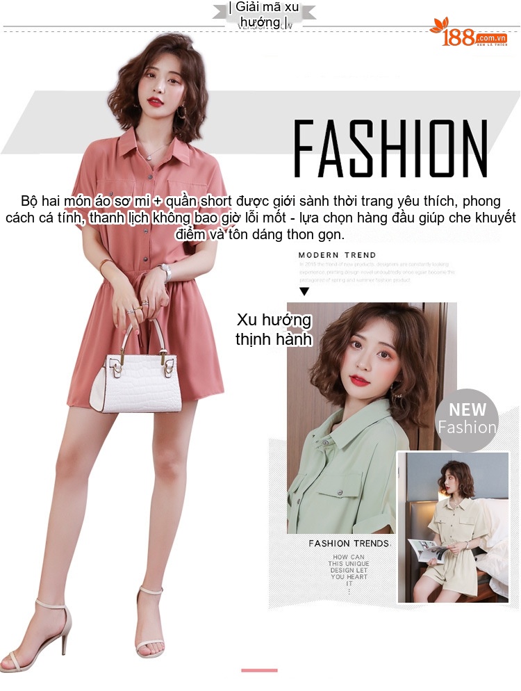 Set Bộ Quần Áo Nữ Áo Sơ Mi Tay Ngắn Quần Short Cạp Chun Thời Trang Hàn Quốc Màu Hồng, Xanh Lá, Kem, Đen chi tiết 2