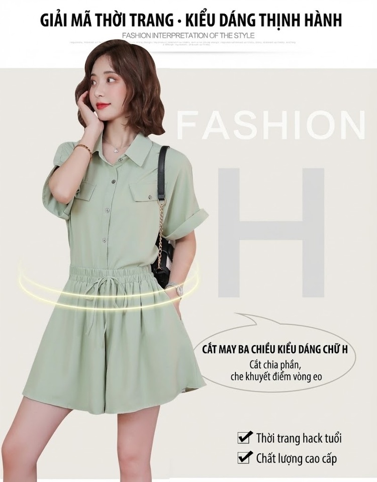 Set Bộ Quần Áo Nữ Áo Sơ Mi Tay Ngắn Quần Short Cạp Chun Thời Trang Hàn Quốc Màu Hồng, Xanh Lá, Kem, Đen chi tiết 5