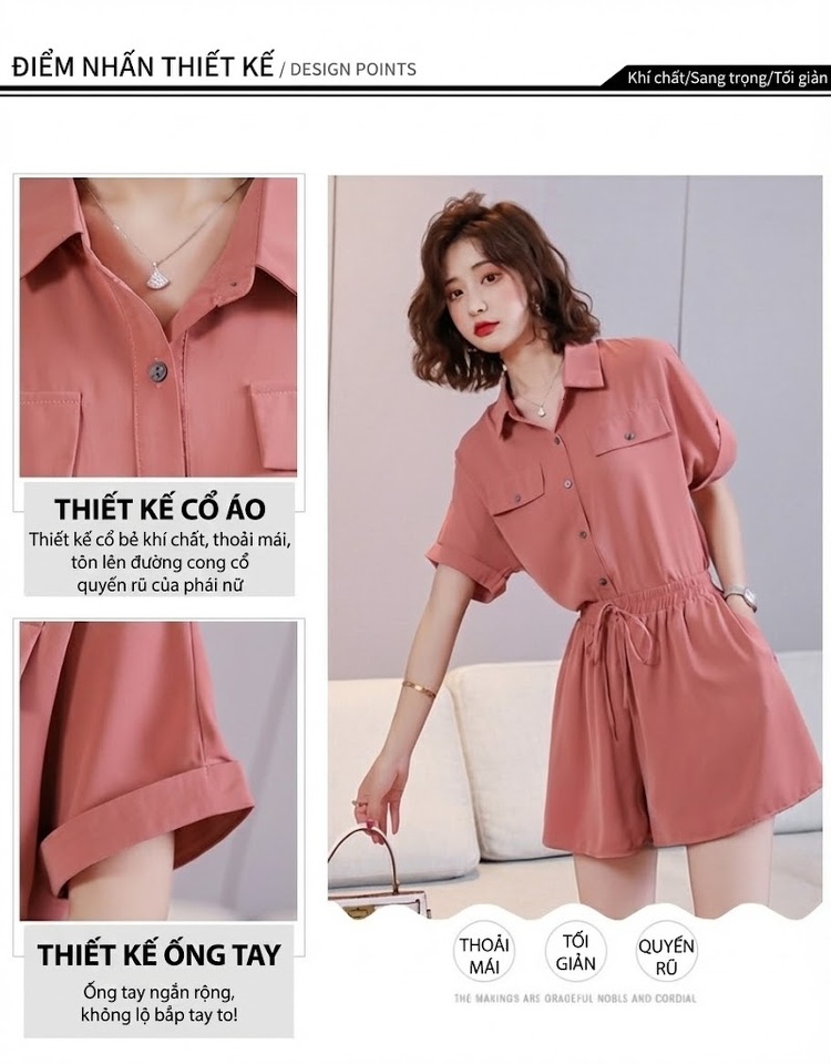 Set Bộ Quần Áo Nữ Áo Sơ Mi Tay Ngắn Quần Short Cạp Chun Thời Trang Hàn Quốc Màu Hồng, Xanh Lá, Kem, Đen chi tiết 6