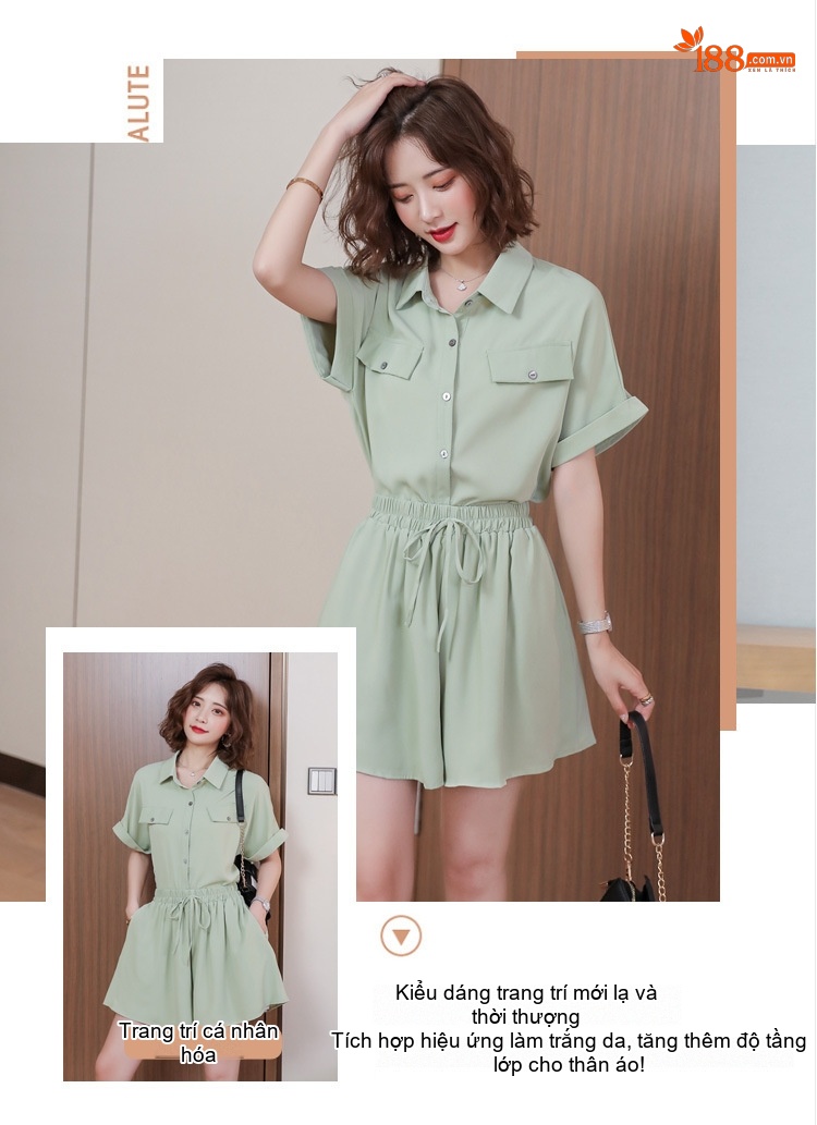 Set Bộ Quần Áo Nữ Áo Sơ Mi Tay Ngắn Quần Short Cạp Chun Thời Trang Hàn Quốc Màu Hồng, Xanh Lá, Kem, Đen chi tiết 9