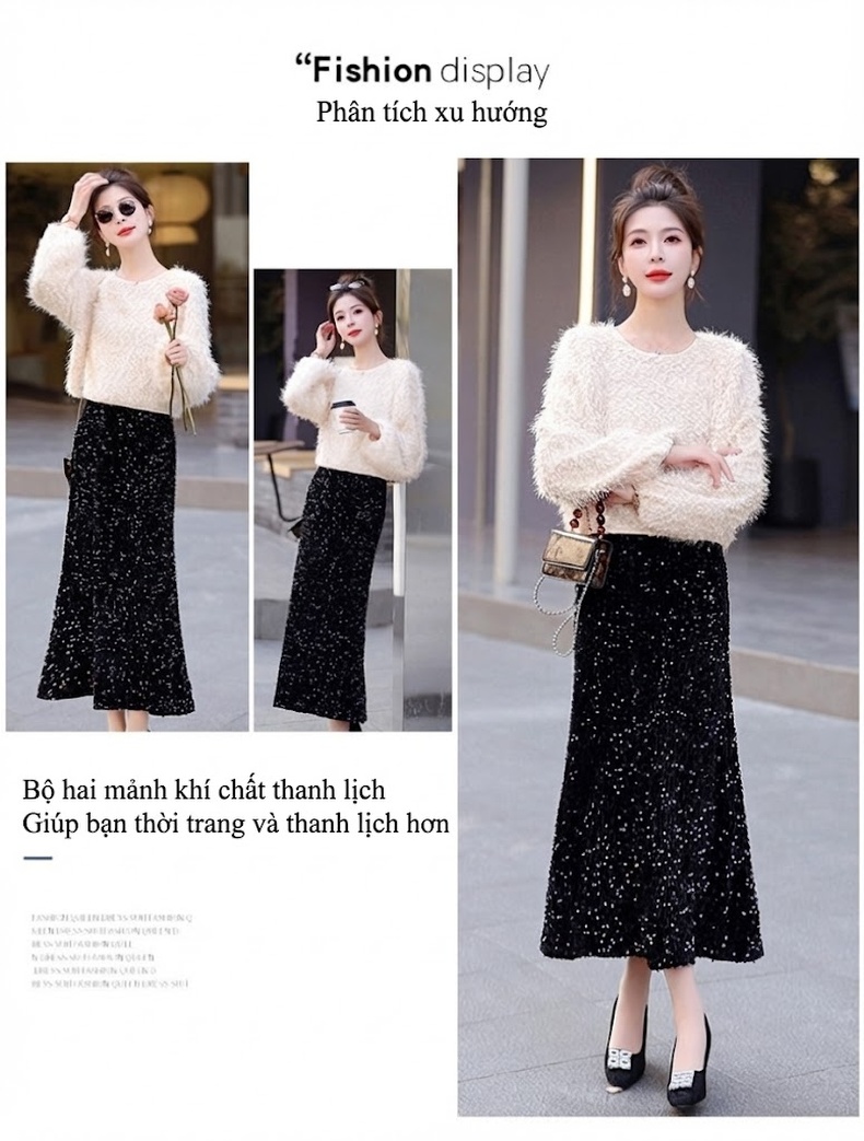 Set Bộ Quần Áo Nữ Dệt Kim Áo Lông và Chân Váy Midi Xẻ Tà Màu Trắng, Đen chi tiết 1