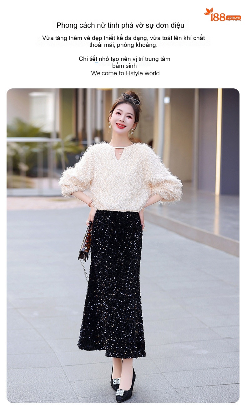 Set Bộ Quần Áo Nữ Dệt Kim Áo Lông và Chân Váy Midi Xẻ Tà Màu Trắng, Đen chi tiết 2
