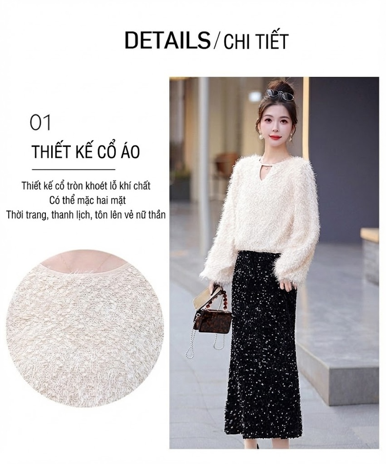 Set Bộ Quần Áo Nữ Dệt Kim Áo Lông và Chân Váy Midi Xẻ Tà Màu Trắng, Đen chi tiết 4