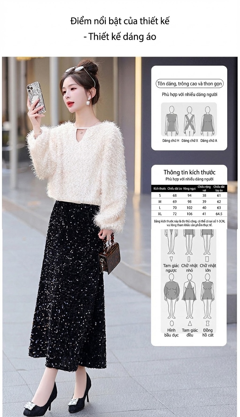 Set Bộ Quần Áo Nữ Dệt Kim Áo Lông và Chân Váy Midi Xẻ Tà Màu Trắng, Đen chi tiết 3