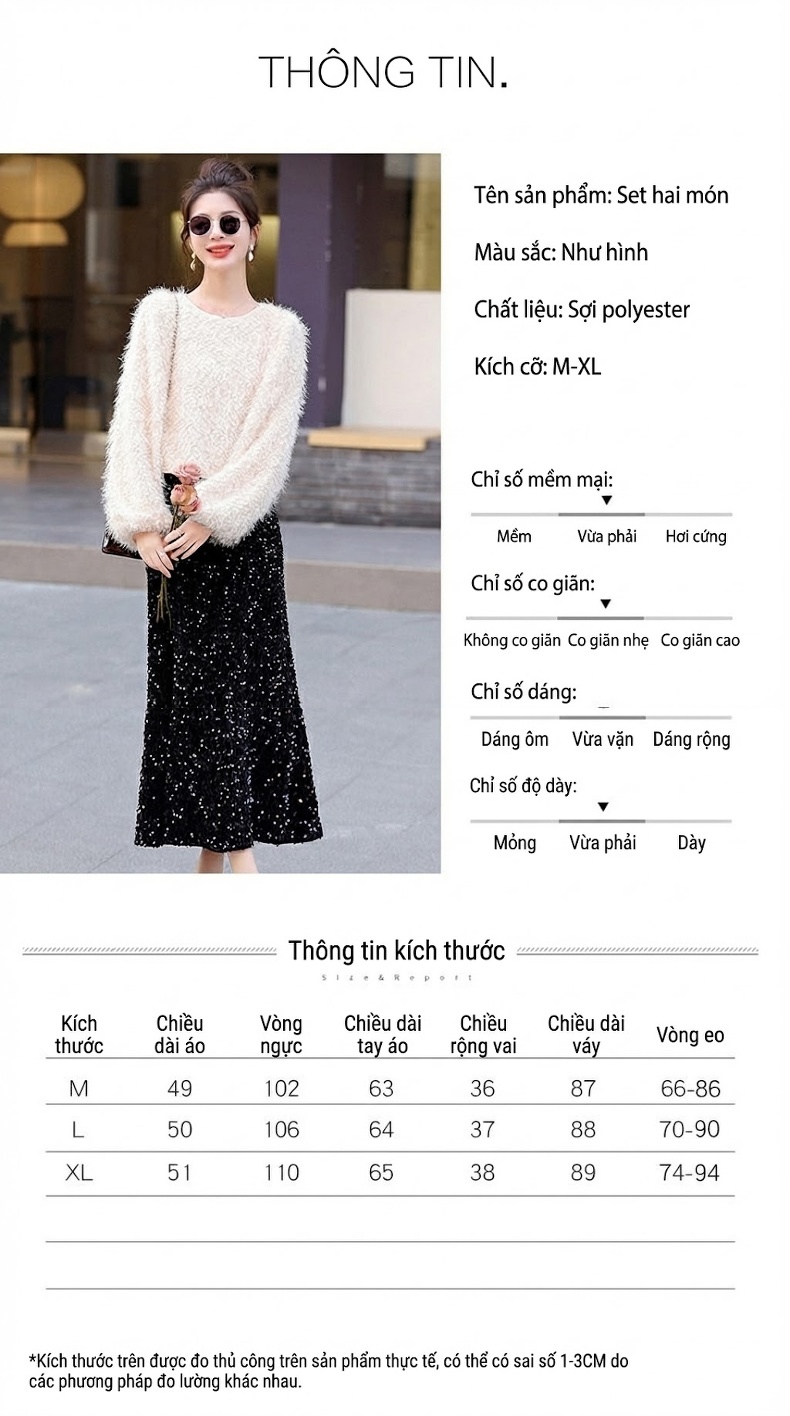 Set Bộ Quần Áo Nữ Dệt Kim Áo Lông và Chân Váy Midi Xẻ Tà Màu Trắng, Đen chi tiết 8