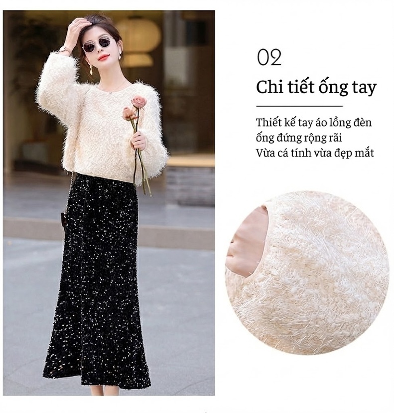 Set Bộ Quần Áo Nữ Dệt Kim Áo Lông và Chân Váy Midi Xẻ Tà Màu Trắng, Đen chi tiết 5