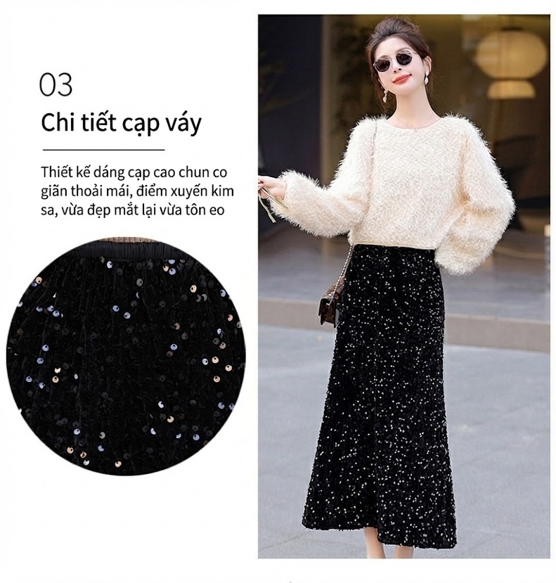Set Bộ Quần Áo Nữ Dệt Kim Áo Lông và Chân Váy Midi Xẻ Tà Màu Trắng, Đen chi tiết 6