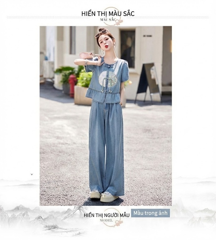 Set Bộ Quần Áo Nữ Jean Ống Rộng Thêu Họa Tiết Phong Cách Trung Hoa Màu Xanh Jean chi tiết 10