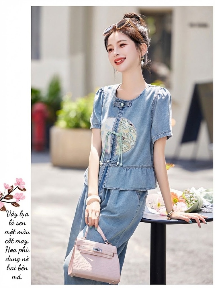 Set Bộ Quần Áo Nữ Jean Ống Rộng Thêu Họa Tiết Phong Cách Trung Hoa Màu Xanh Jean chi tiết 13
