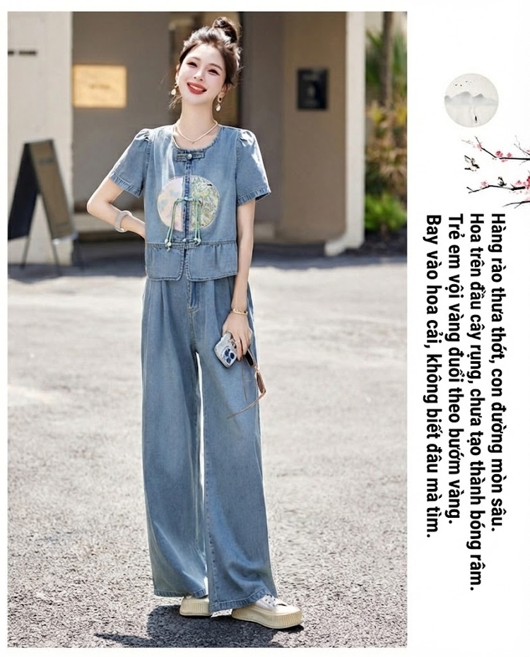 Set Bộ Quần Áo Nữ Jean Ống Rộng Thêu Họa Tiết Phong Cách Trung Hoa Màu Xanh Jean chi tiết 16